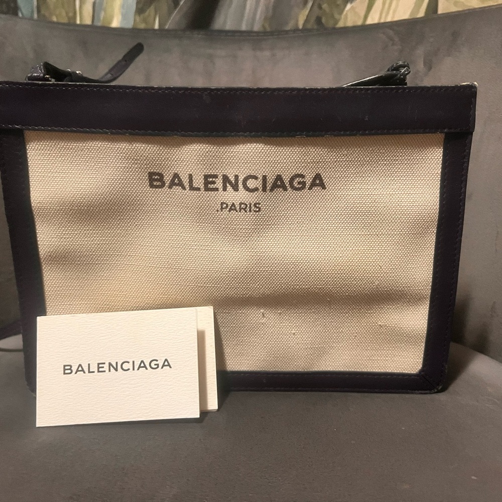 Balenciaga Cream and Navy Canvas Tote
